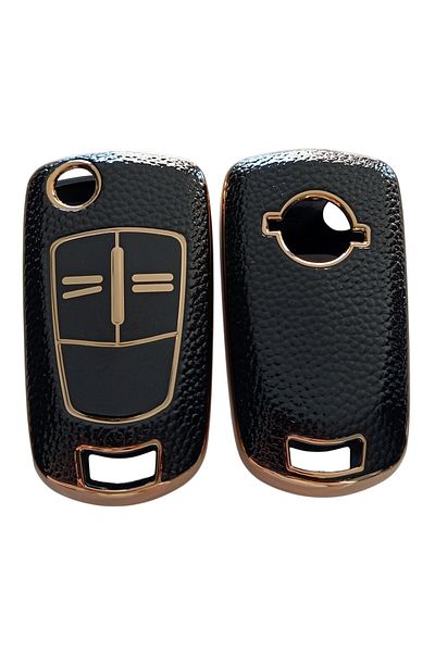 Kasey Opel Astra H Corsa D Meriva Compatible Key Control Case Auto Keychain Leather Patterned Black Gold