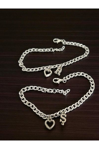 BeyzHal Double Letter and Heart Charm Detailed Chain Bracelet Set – Lover / Friend Bracelet (2 Pieces)