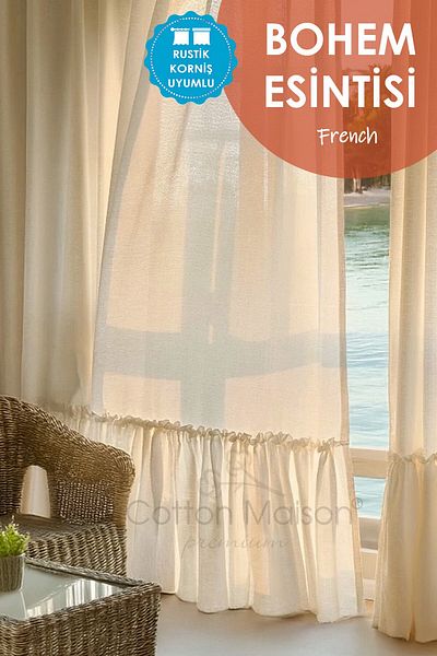 cotton maison Φυσική κουρτίνα με βολάν σε γαλλικό στυλ Bohemian - Single Wing, ρουστίκ και συμβατή με κορνίζα