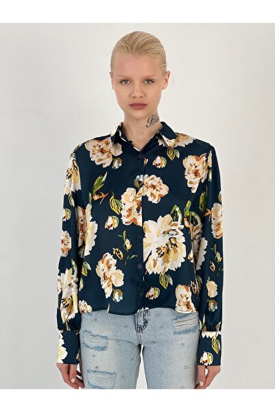 Miss Poem Women's Floral Patterned Balloon Sleeve Black Shirt