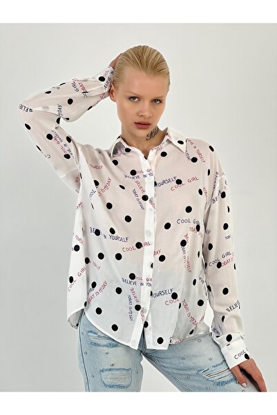 Miss Poem Women's Text Printed Backless Tie-Up Ecru Shirt