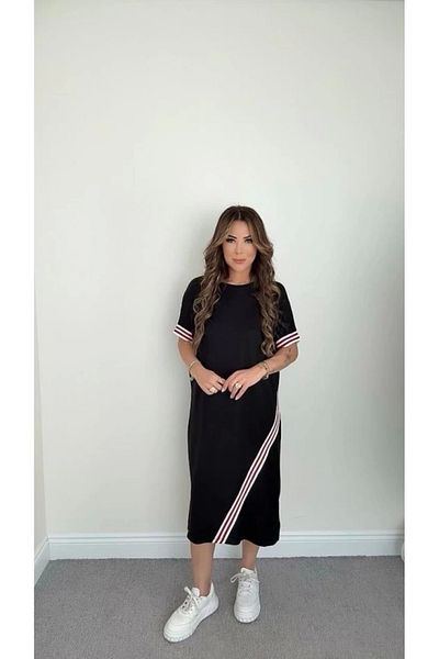Silerra Women's Sleeve and Skirt Stripe Detailed Midi Length Dress