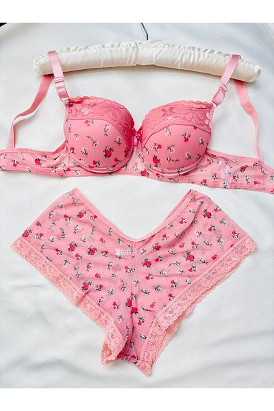 İNKO İÇ GİYİM Women's Padded Supported Floral Patterned Petrol Green Boxer Type Underwear Set