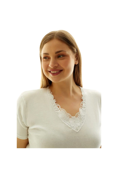 Star Fashion Tricou dama 100% bumbac, set 2 bucati, cu dantela la baza gatului