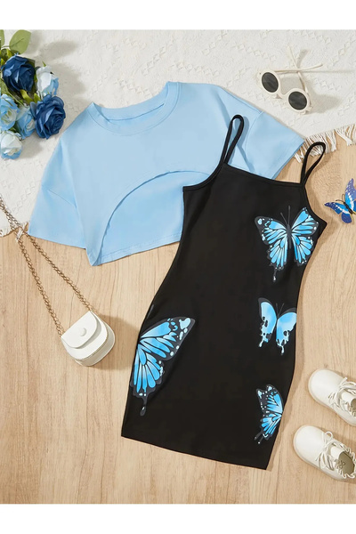 NoVibe Rochie cu imprimeu fluturi și tricou crop pentru copii Combinație de 2...