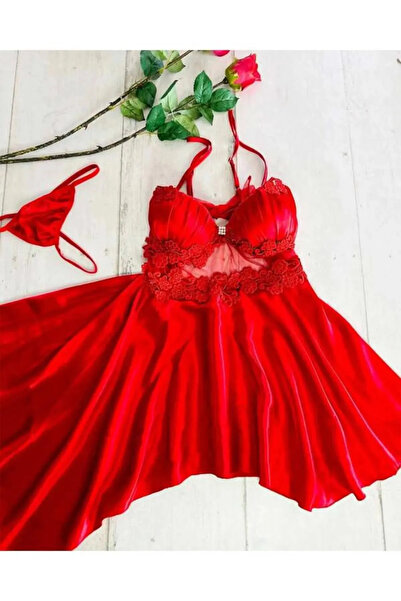 cdh çeyize dair herşey Güpür Detaylı Kırmızı Tül Gecelik 6505