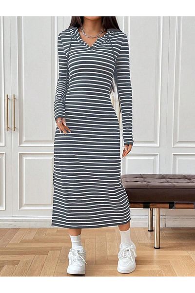 NoVibe Women's Long Sleeve Striped Hooded Midi Slit Dress / Tunic
