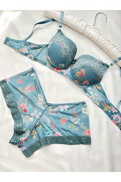 İNKO İÇ GİYİM Women's Padded Supported Floral Patterned Petrol Green Boxer Type Underwear Set