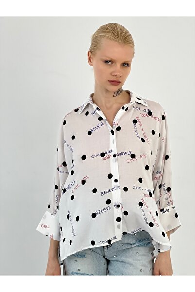 Miss Poem Women's Text Printed Dotted Oversize Ecru Shirt