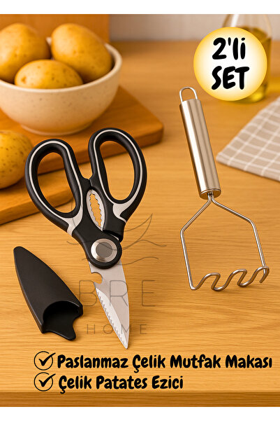 BRE HOME 2’li Mutfak Yardımcısı Seti – Paslanmaz Çelik Patates Ezici + Çok Am...