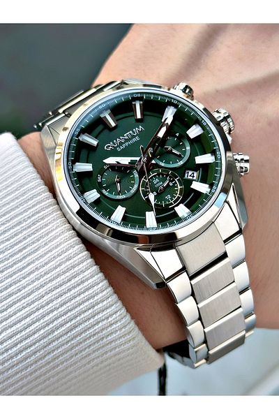 Quantum Function 24 Months Guarantee Silver-Green Sapphire Glass Color Men's Watch 1219S.370Mr
