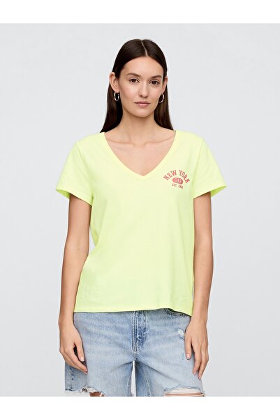 GAP Kadın Sarı V Yaka T-Shirt