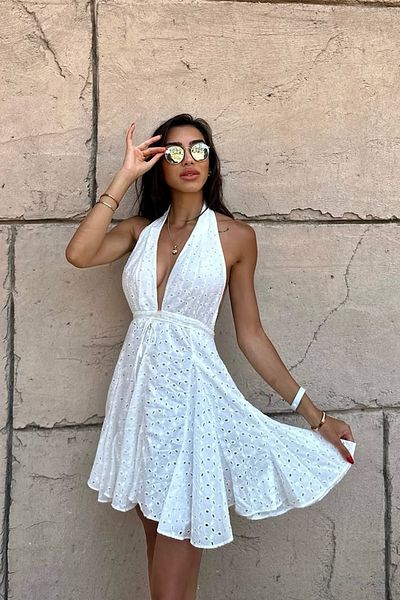 FASHION COCKTAIL Καλοκαιρινό φόρεμα διακοπών Monroe Scalloped Lace Up Flared Bell Skirt με χαμηλή πλάτη