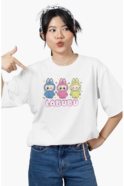 Fuddy Moda Tricou unisex cu imprimeu pe spate cu caractere Labubu, tricou oversize cu tematică de jucărie de pluș