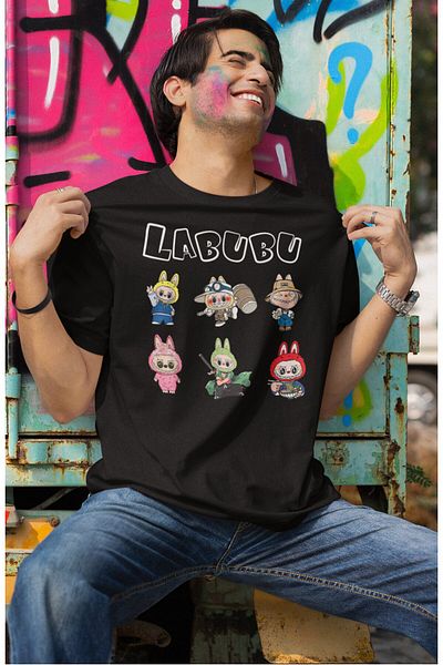 Fuddy Moda Tricou unisex cu imprimeu cu caractere Labubu, tricou oversize cu tematică de jucărie de pluș