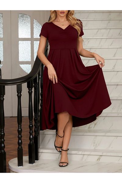 Masspera V Neck Short Sleeve Pleated Midi Dress