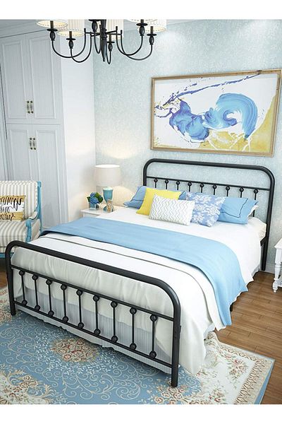 Generic Iron Bed Single and Half Bed with Bottom Storage for Adults and Kids Modern Design Black 120x200cm