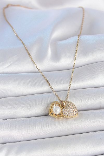 Skygo 316L Steel Gold Color Chain Zircon Stone Opening Pearl Heart Model Women's Necklace - Tj-Bko10031