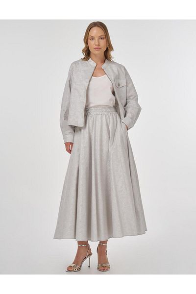 Kayra Shiny Stone Jacquard Skirt Suit Light Gray