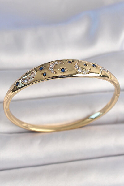 Belle Fusion Mey İthalat® Pirinç Gold Renk Zirkon Taşlı Hilal İşleme Mavi Taş...