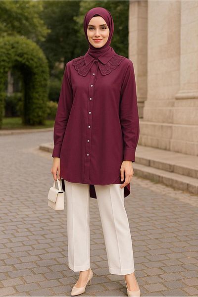 TRENDTESETTÜR Women's Burgundy Cotton Shirt Tunic t 4122