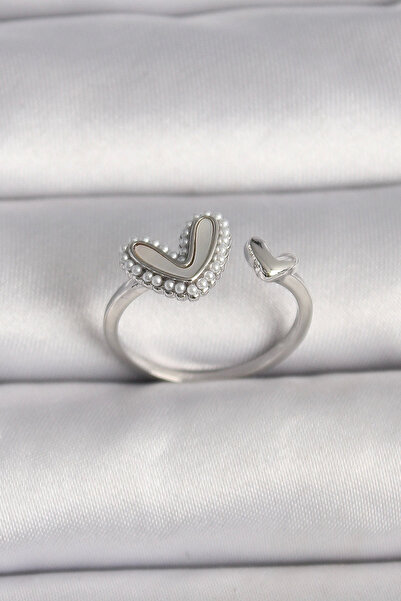 Belle Fusion خاتم BFS نحاسي فضي اللون أبيض مينا مزين باللؤلؤ على شكل قلب قابل...