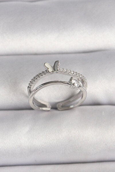 Belle Fusion خاتم BFS من النحاس الفضي اللون مع حجر الزركون على شكل فراشة قابل...