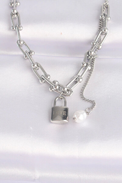 Belle Fusion Bfs 316L Steel Chain Silver Color Chain Love Written Lock Necklace