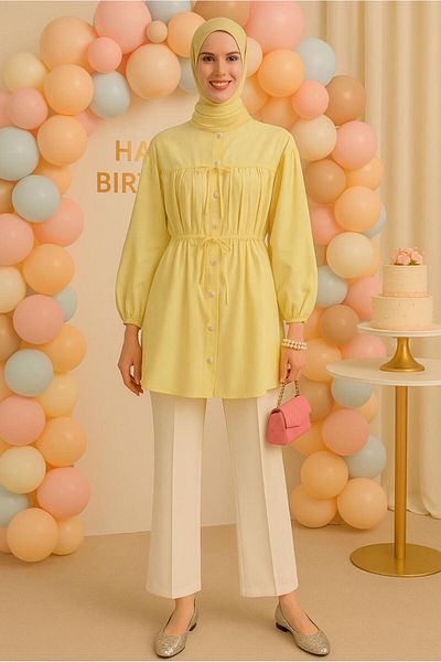 TRENDTESETTÜR Women's Yellow Lace Detail Shirt Tunic t 2522