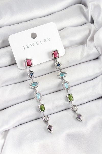 Belle Fusion أقراط نسائية من BFS مصنوعة من حجر الزركون الملون باللون الفضي