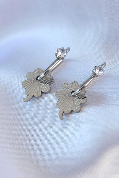 Belle Fusion أقراط BFS 316L من الفولاذ الفضي اللون مرصعة بحجر الزركون للنساء