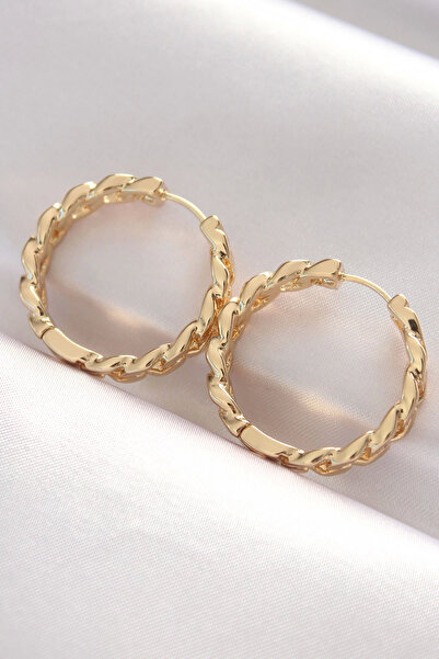 EASERA TİCARET Mey Import ®   Brass Gold Color Chain Model Hoop Earrings