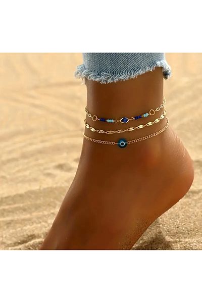 stainless steell Vip Set of 3 Evil Eye Beaded Anklets