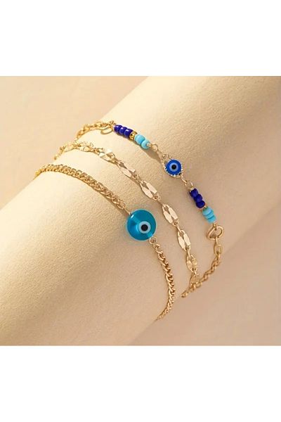 stainless steell Vip Set of 3 Evil Eye Beaded Anklets