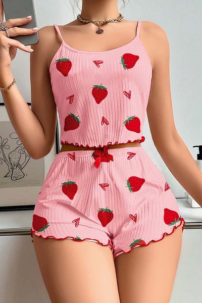 Fulla Moda Strawberry Patterned Ruffle Shorts Pajama Set