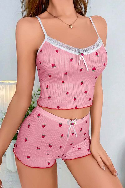 Fulla Moda Strawberry Patterned Lace Detailed Shorts Pajama Set