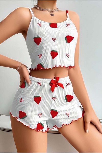 Fulla Moda Σετ πιτζάμες με βολάν με σχέδιο φράουλα