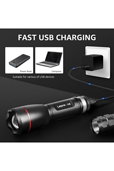 LEPRO LED Flashlight Rechargeable, 15000 Lux, 1000 Lumen, USB Rechargeable, Zoomable, 5 Modes, IPX4