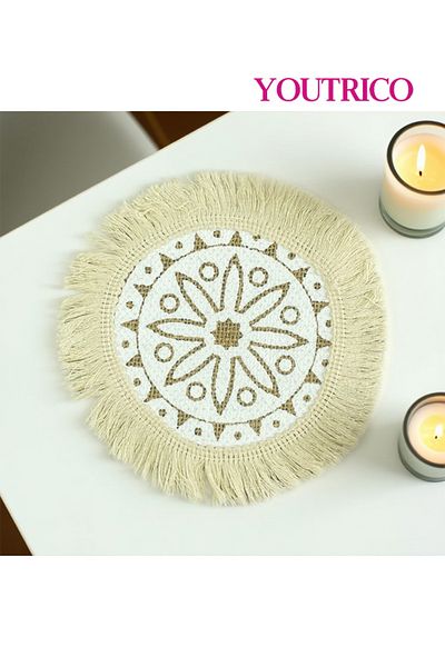 Youtrico Placemats, plate coasters, waterproof, woven jute, Nordic style, tassels,12-17cm