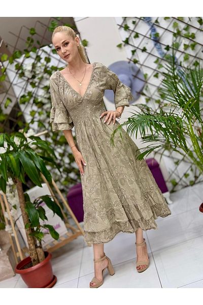 Punta Otantik Nc10995 Italian Sequined Waist Elastic Waist Cotton Dress Mink