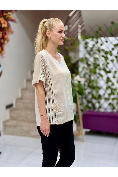 Punta Otantik Nc52863 Italian Mesh Laced Linen Blouse Cream