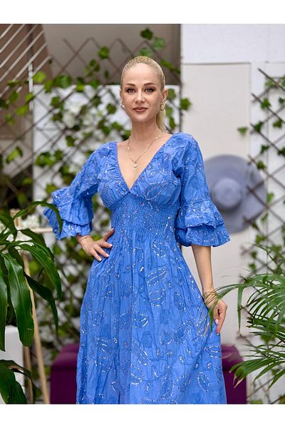 Punta Otantik Nc10995 Italian Sequined Waist Elastic Coton Dress Blue