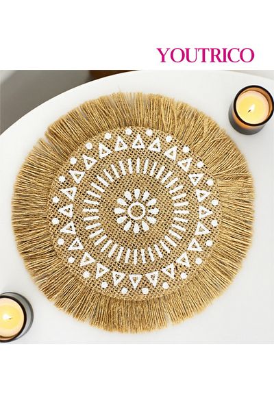 Youtrico Placemats, plate coasters, waterproof, woven jute, Nordic style, tassels,12-17cm