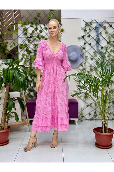 Punta Otantik Nc10995 Italian Sequined Waist Elastic Waist Cotton Dress Pink