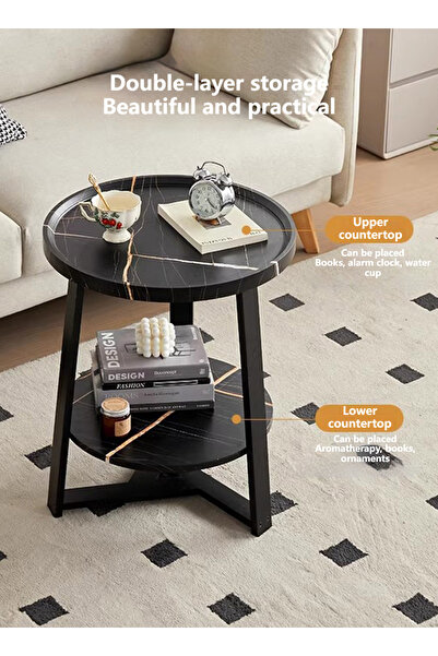 sharpdo Living Room Small Coffee Table Sofa Double-layer Rock Board Side Table Paint Process 60*60*60cm