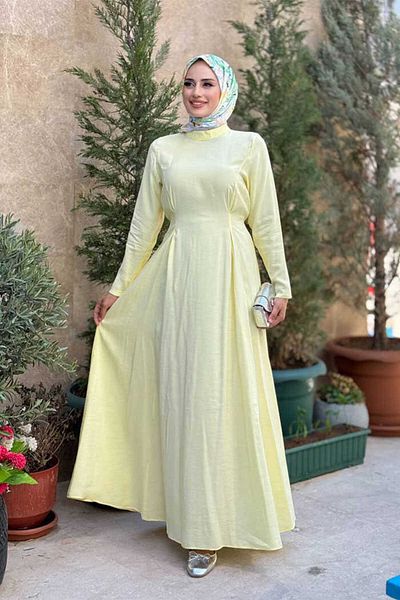 Bym Fashion Waist Belted Sleeve Zipper Detailed Dress 6041 Yellow