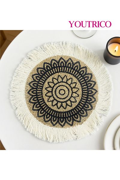 Youtrico Placemats, plate coasters, waterproof, woven jute, Nordic style, tassels,12-17cm
