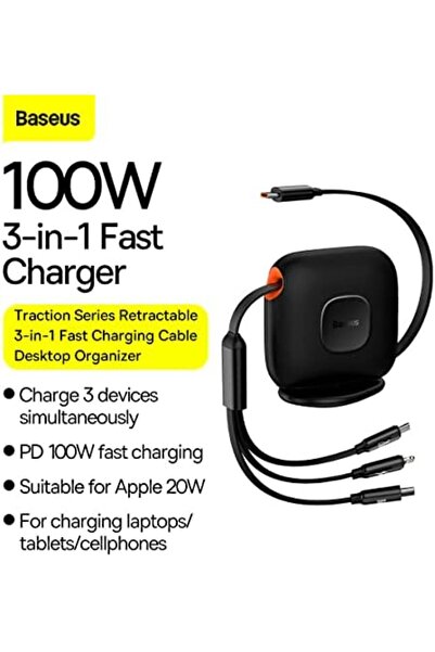 Baseus (3-in-1) 100W Charging Cable, Retractable Multi Charging Desktop Organizer Cable from USB C t