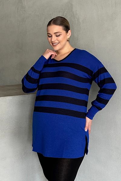 Stil Diva Plus Size V-Neck Striped Slit Detail Long Blouse with Thin Fabric 301567