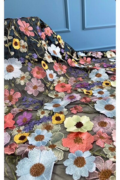 Hayalet kumaş Mavi çiçekli siyah tüllü tasarım kumaş